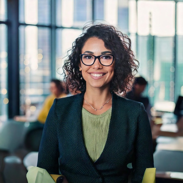 femme brune manager dans un bureau souriante