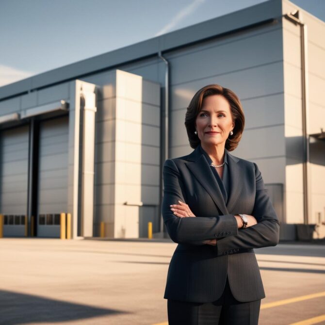 femme croise bras devant une usine
