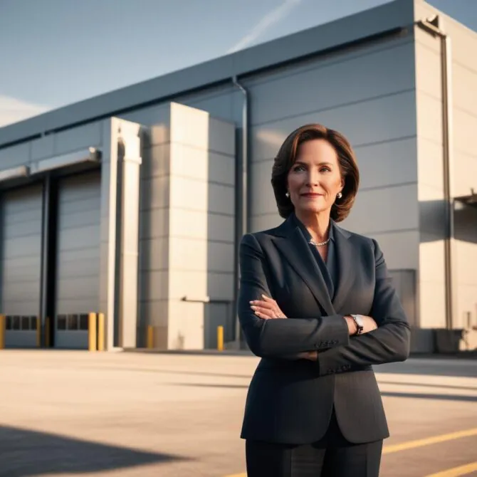 femme croise bras devant une usine