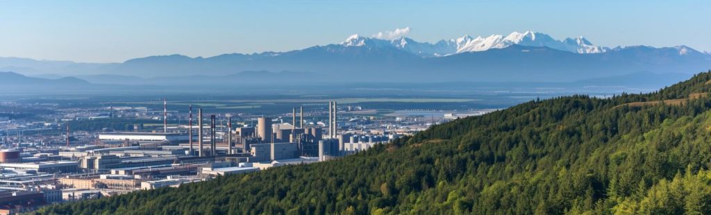 image panoramique de montagnes avec forets et industrie